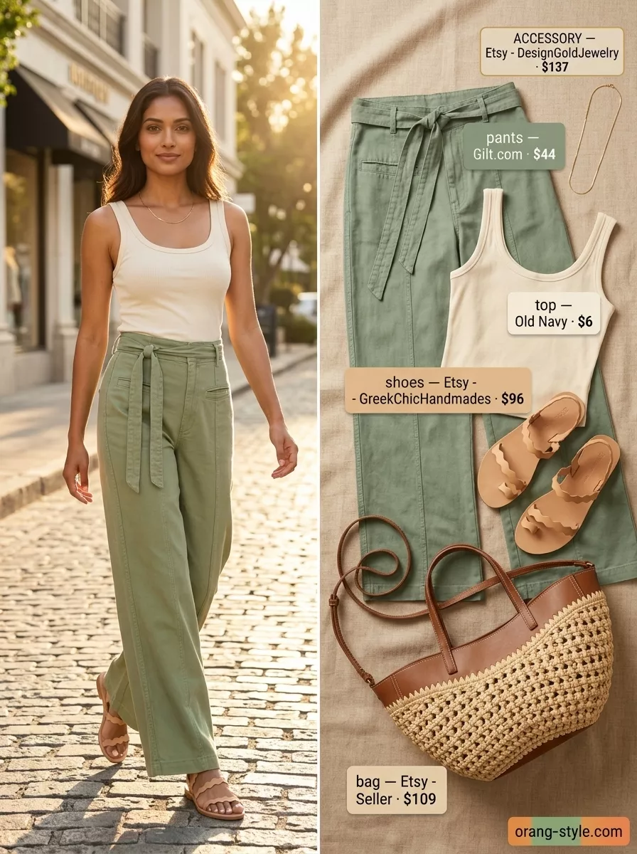 Sage green linen pants, cream ribbed tank, and straw tote for simple casual summer outfits for women 2026.