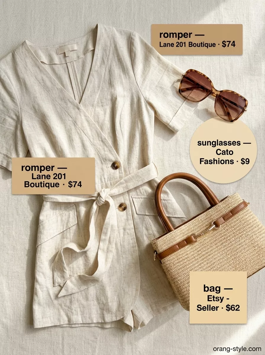 Cream linen romper, block heel mules, and woven bag for simple casual summer outfits for women 2026.