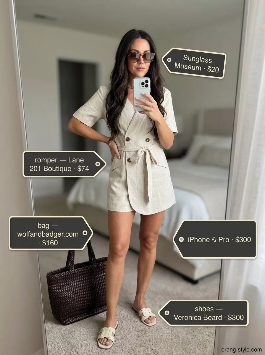 Beige linen romper, cream leather slides, and woven tote for simple casual summer outfits for women 2026.