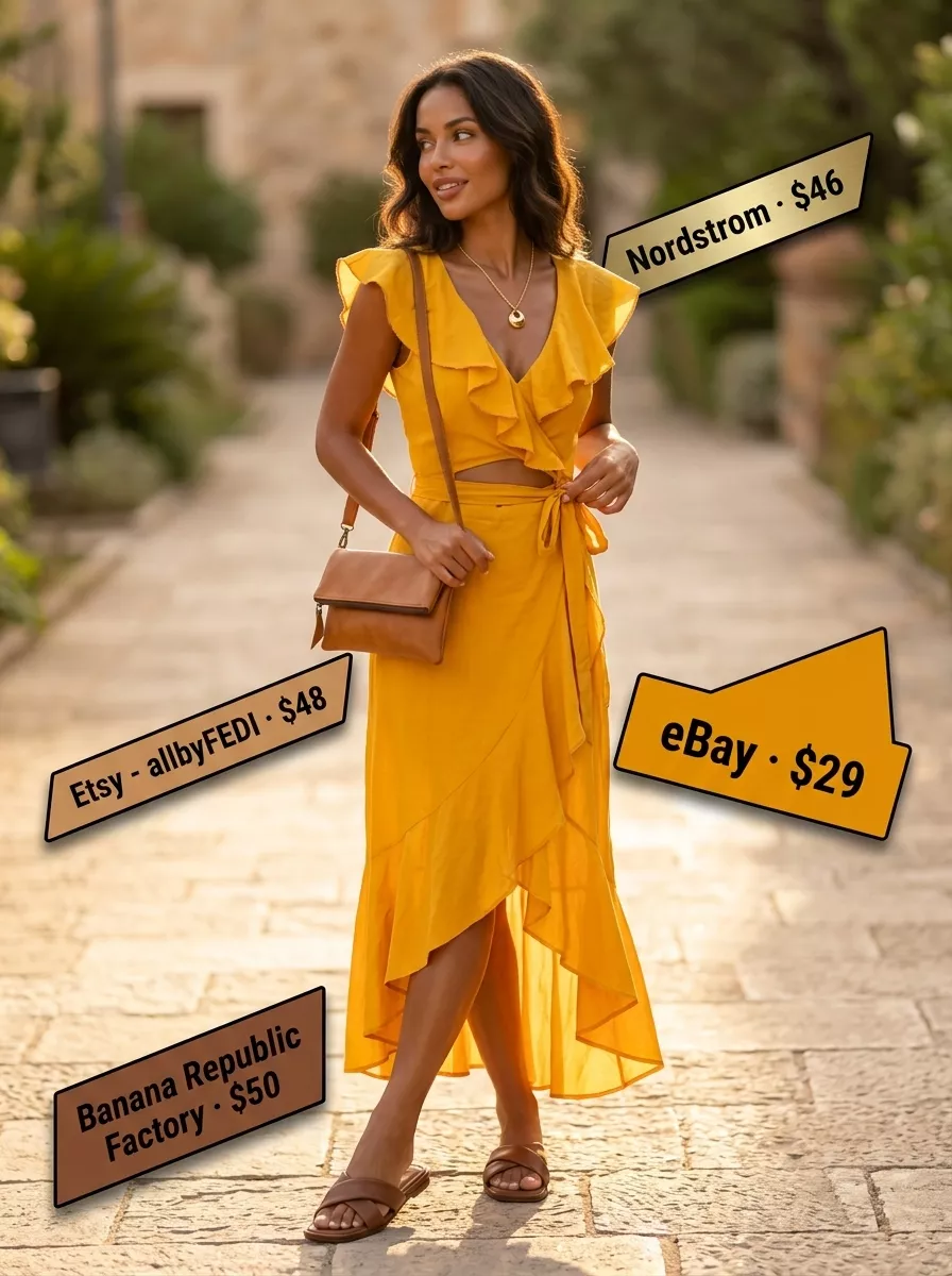Mustard yellow maxi dress, gold necklace, and brown sandals for simple casual summer outfits for women 2026.
