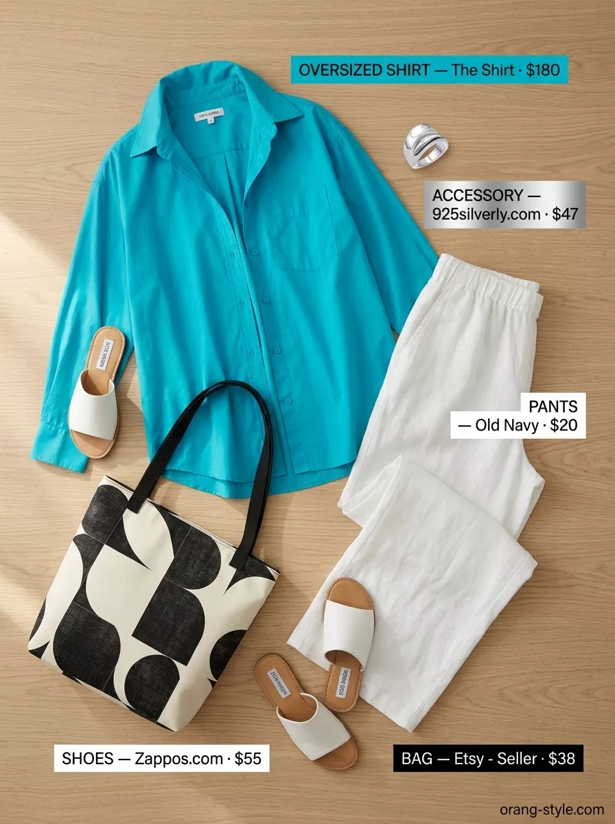 Oversized teal shirt, white wide-leg pants, and canvas tote for simple casual summer outfits for women 2026.