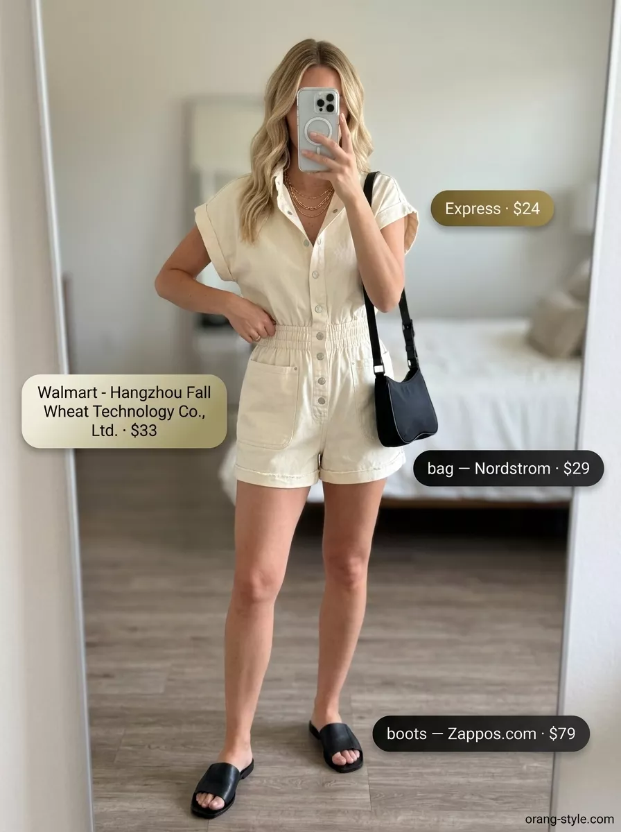 Khaki utility jumpsuit, black slides, and mini crossbody for simple casual summer outfits for women 2026.