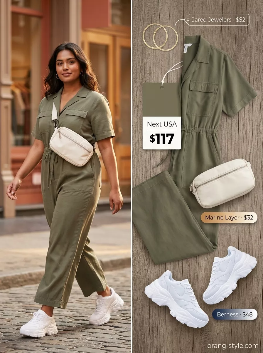 Khaki green utility jumpsuit, cream belt bag, and white sneakers for simple casual summer outfits for women 2026.