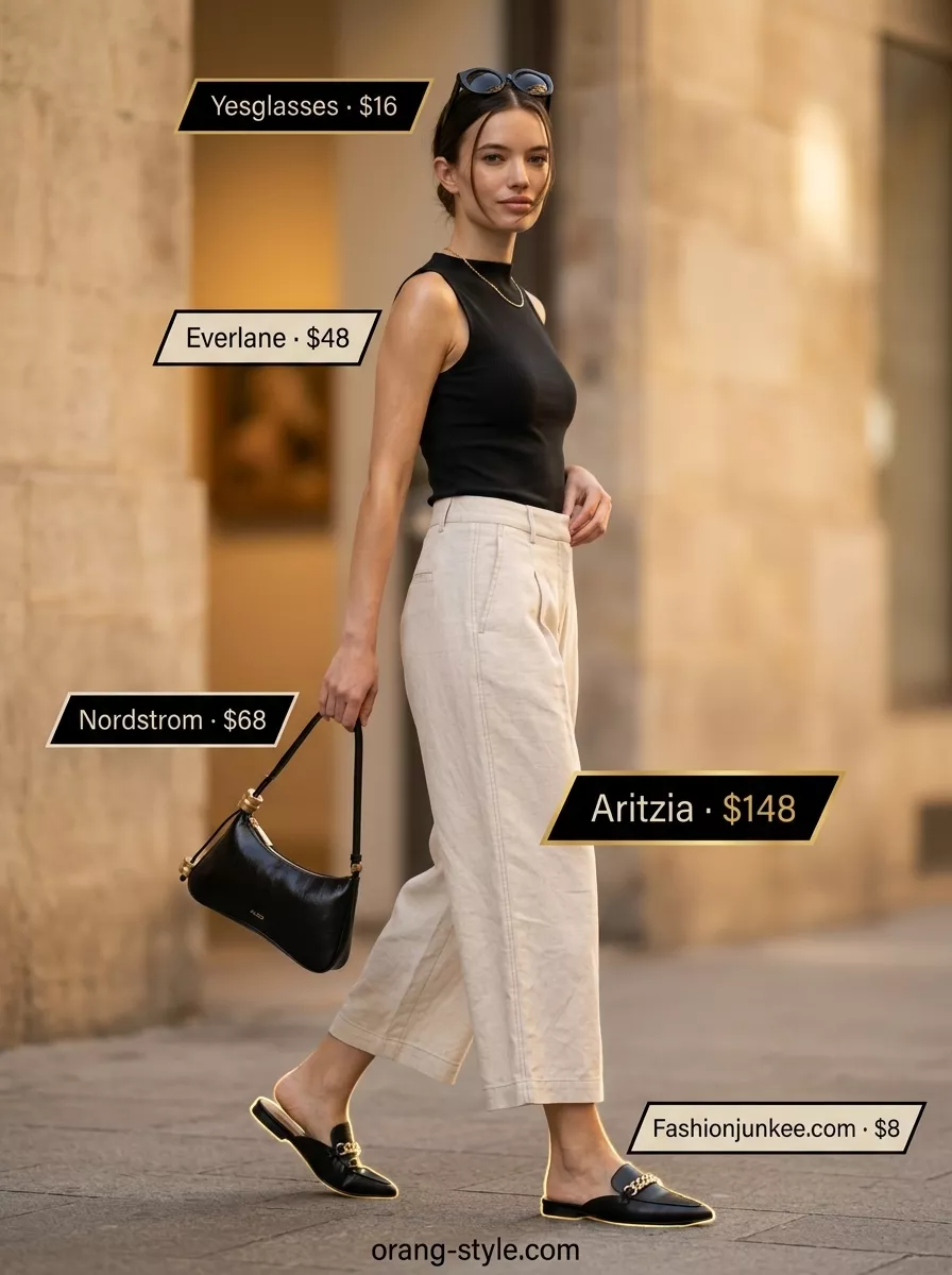 Beige cropped trousers and black knit top for simple casual summer outfits for women 2026.