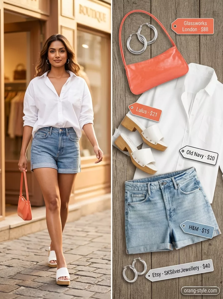 Denim shorts, white oversized shirt, and coral bag for simple casual summer outfits for women 2026.