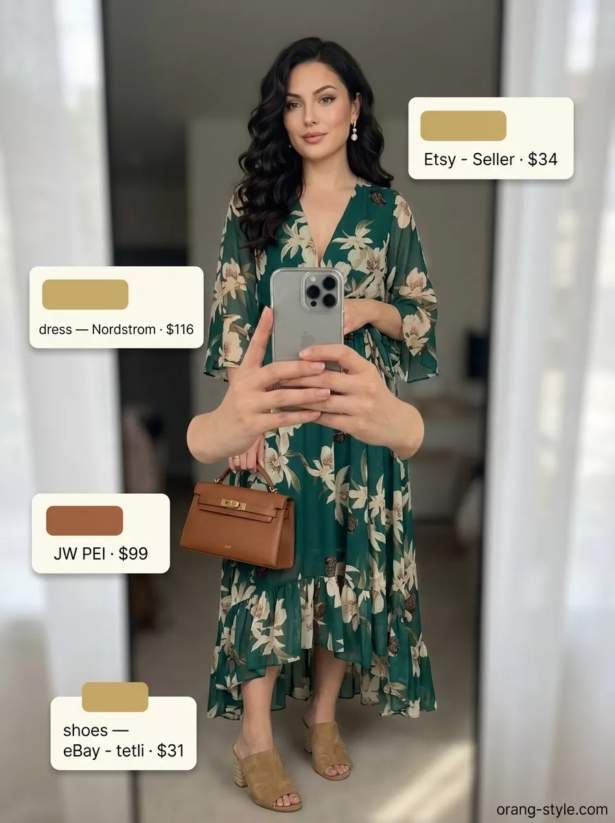 Forest green floral midi wrap dress for simple casual summer outfits for women 2026.