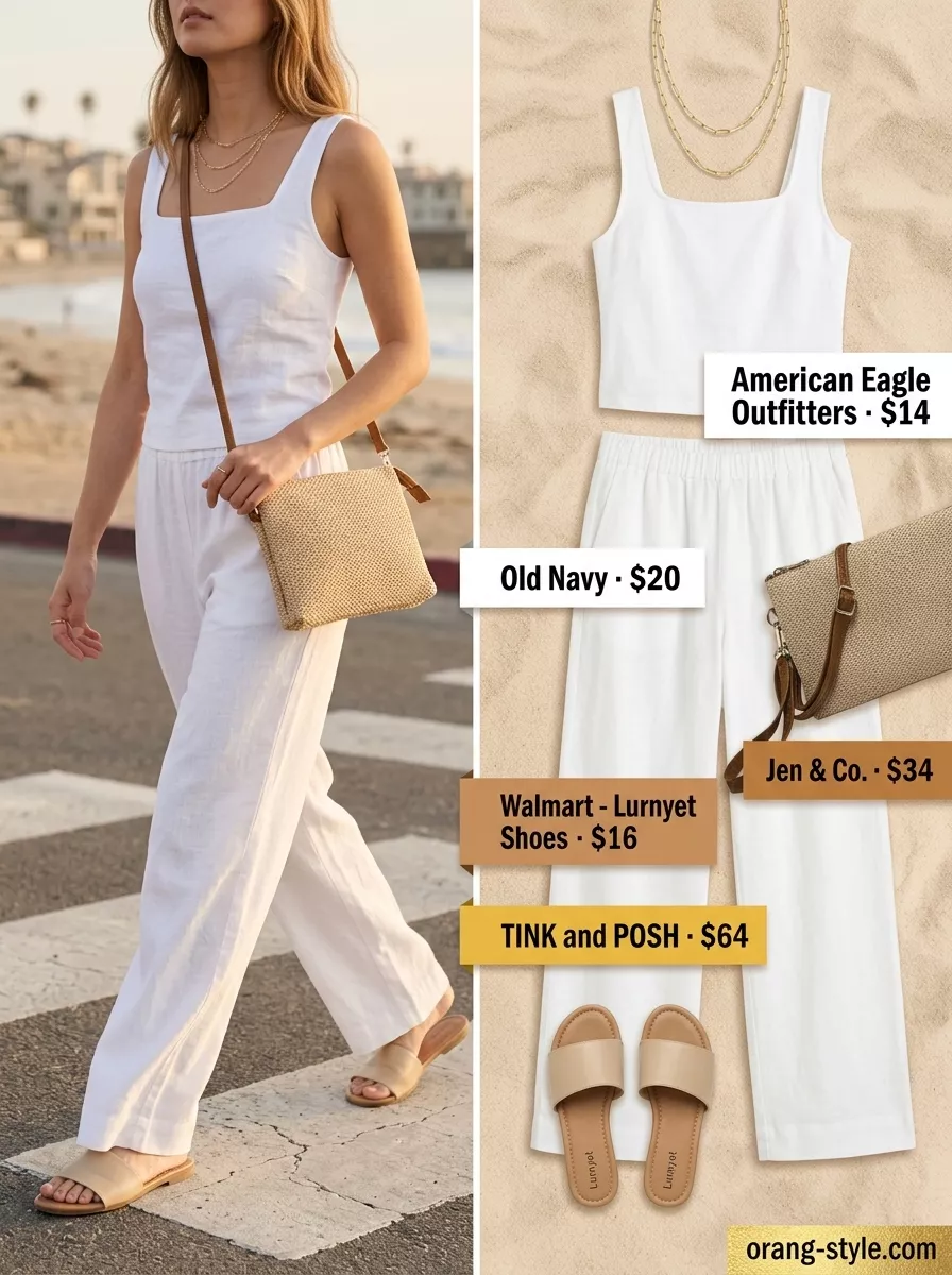 Simple casual summer outfits for women 2026: White linen pants, ribbed tank, slide sandals, and straw bag for brunch.