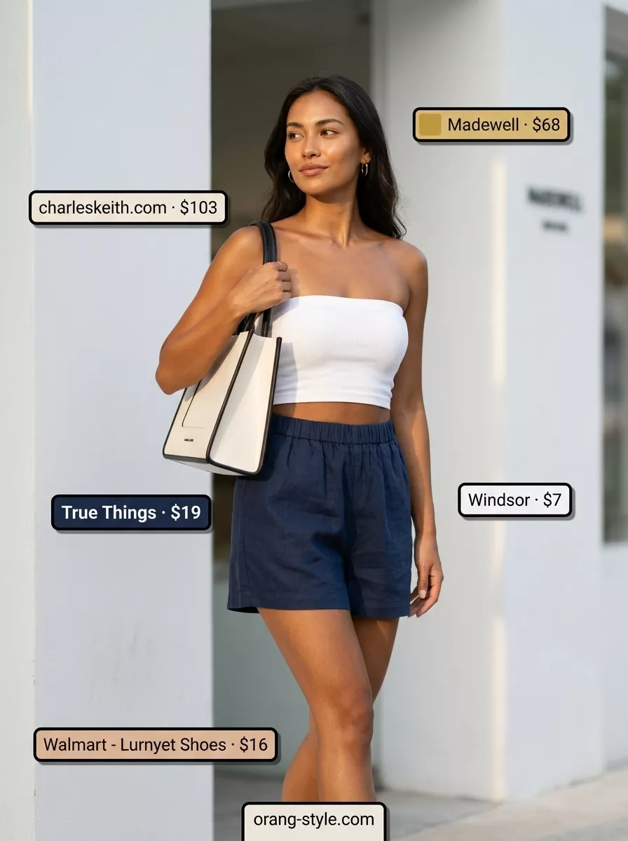Simple casual summer outfits for women 2026: Navy linen set, white bandeau, tan slides, gold hoops, mini tote.