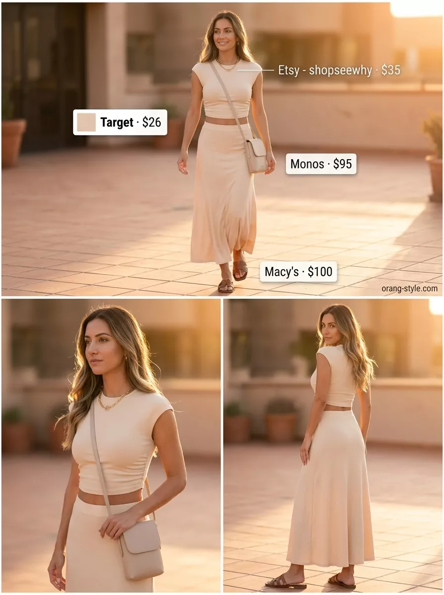 Simple casual summer outfits for women 2026: Sandy beige knit matching set, leather slides, and gold jewelry.