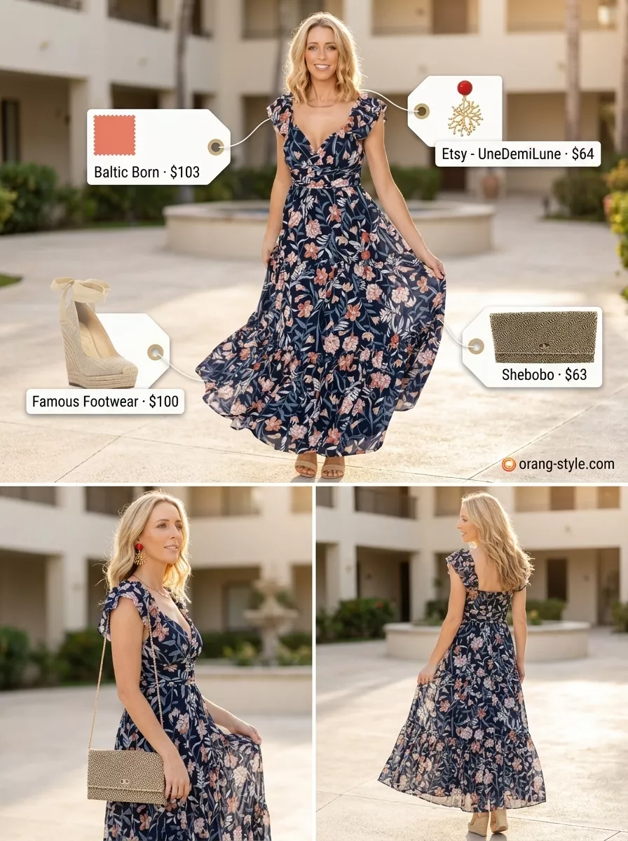 Simple casual summer outfits for women 2026: Navy floral maxi dress, straw clutch, espadrille wedges, statement earrings.