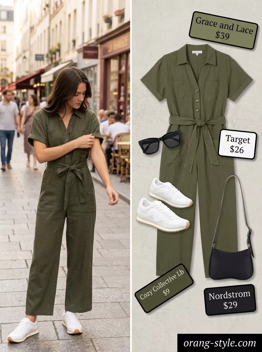 Olive green utility jumpsuit for simple casual summer outfits for women 2026 city exploring.