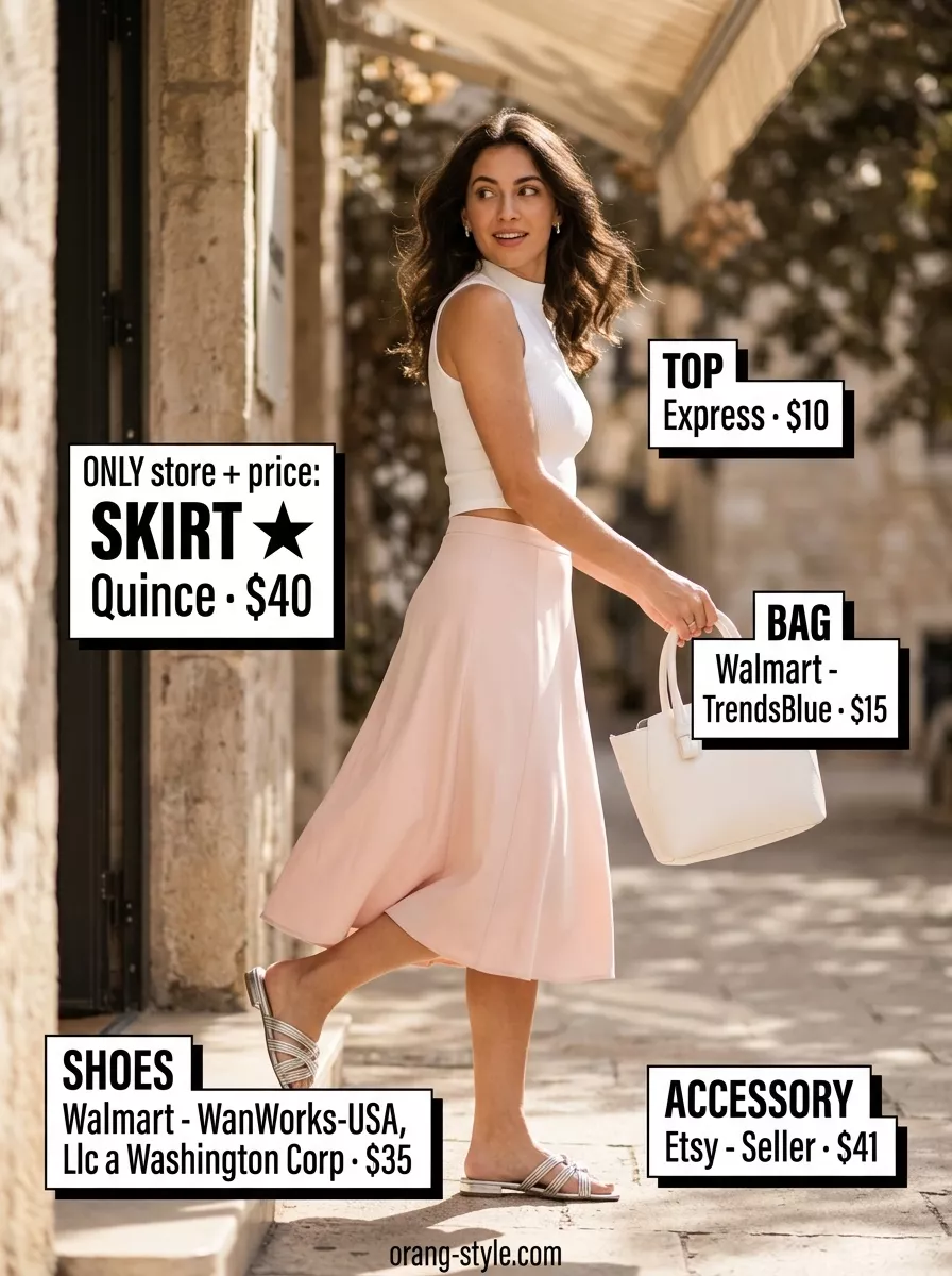 Soft pink mini skirt and white knit top for simple casual summer outfits for women 2026.