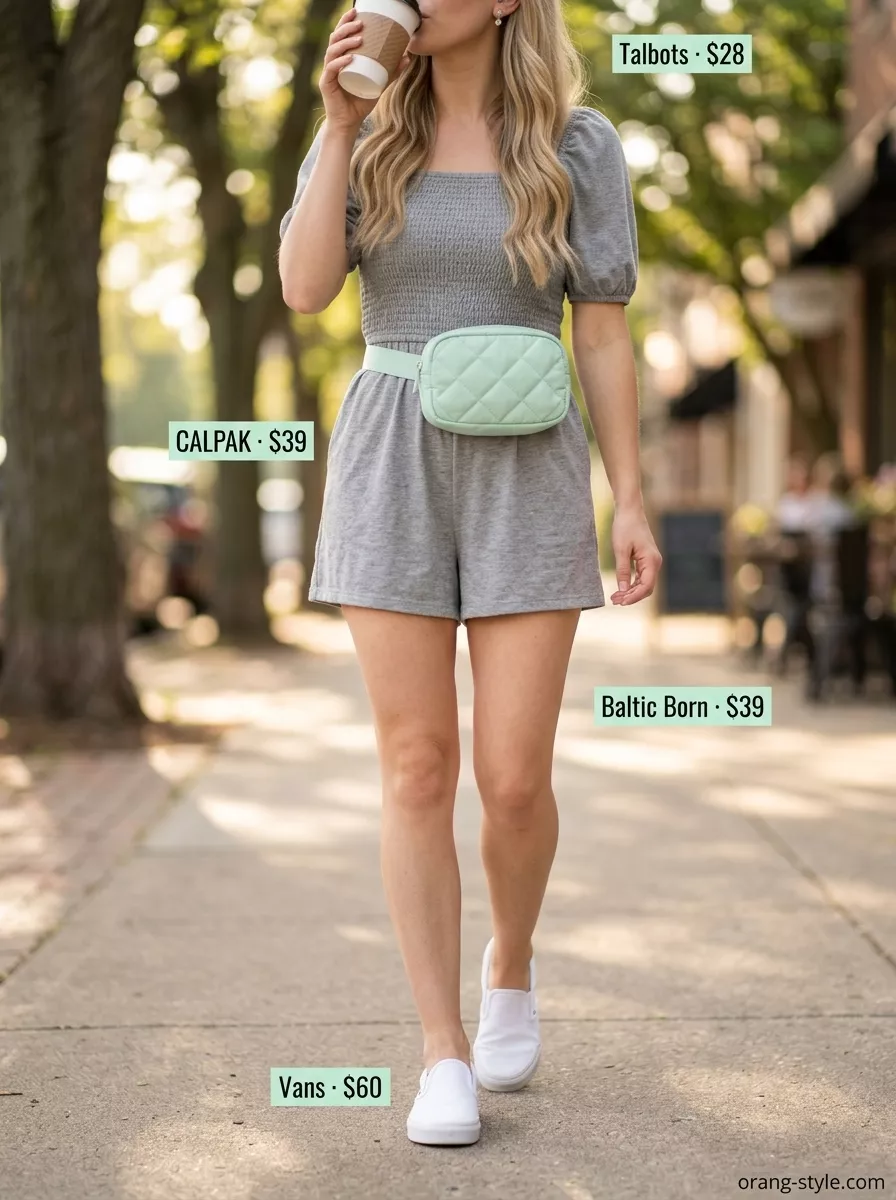 Simple casual summer outfits for women 2026: Grey romper, white sneakers, mint belt bag, stud earrings.