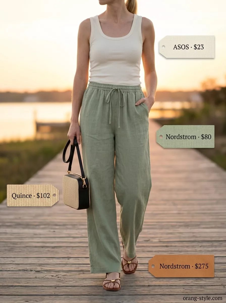 Sage green linen pants, cream tank, and tan sandals for simple casual summer outfits for women 2026.