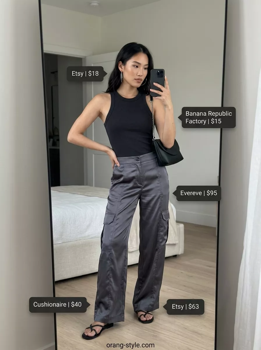Simple casual summer outfits for women 2026: Charcoal satin cargo pants, black tank, strappy sandals, silver hoops.