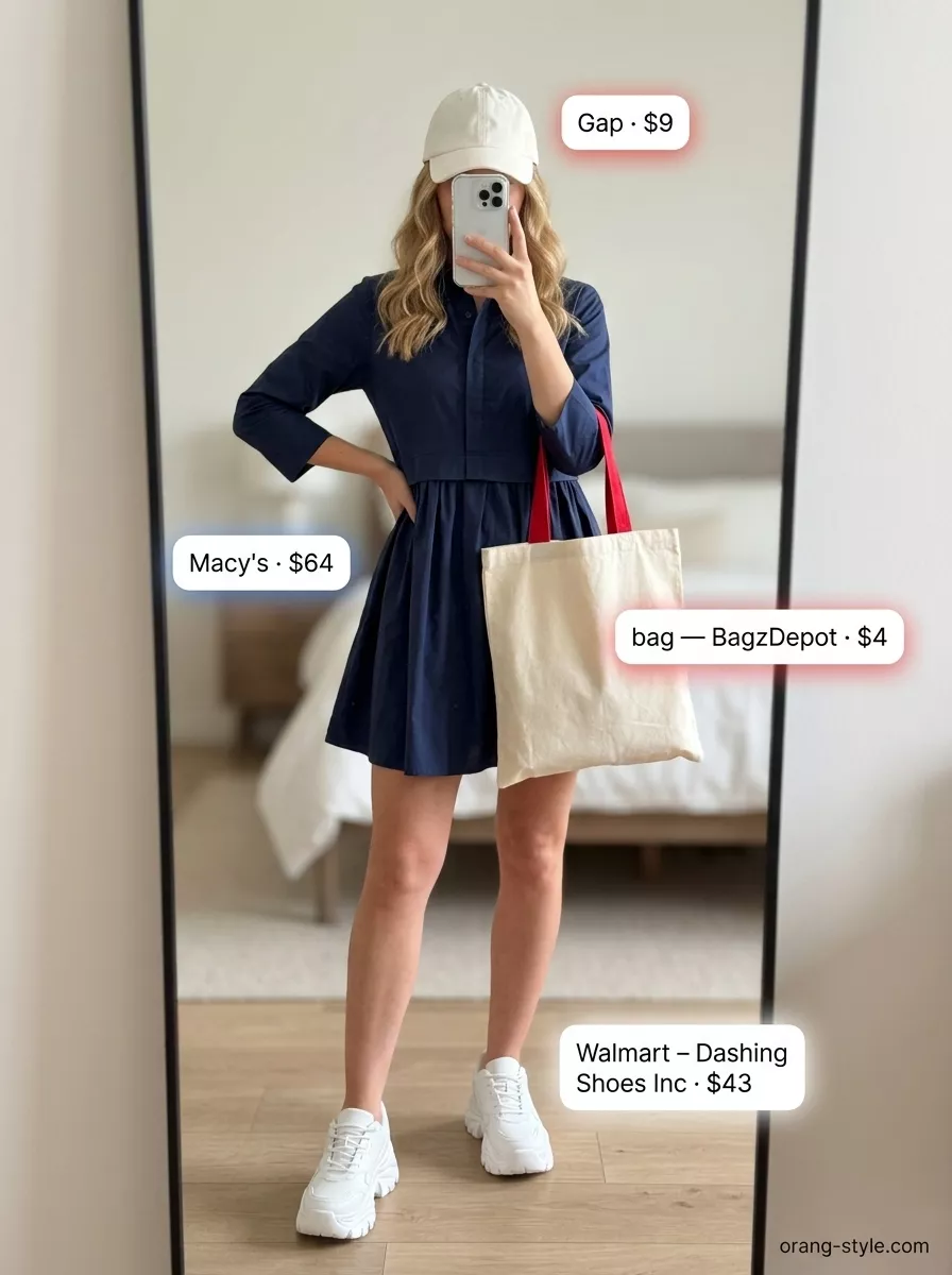 Simple casual summer outfits for women 2026: Navy shirtdress, white sneakers, baseball cap, canvas tote.