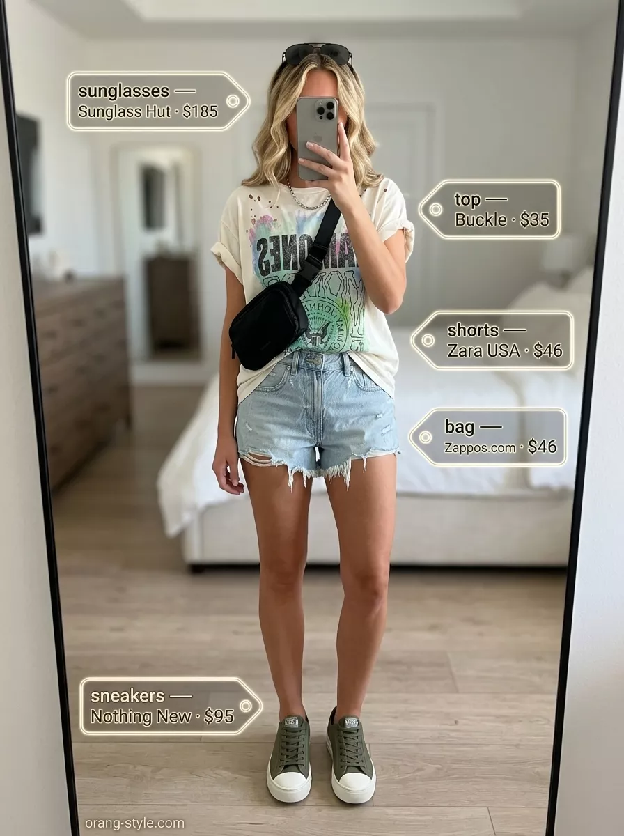 Simple casual summer outfits for women 2026: Edgy shorts, graphic tee, belt bag, and sneakers for city exploring.