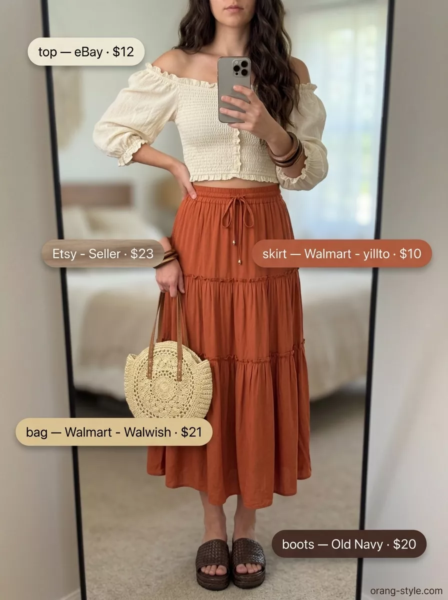 Simple casual summer outfits for women 2026: Terracotta skirt, cream crop top, straw tote, espadrilles.