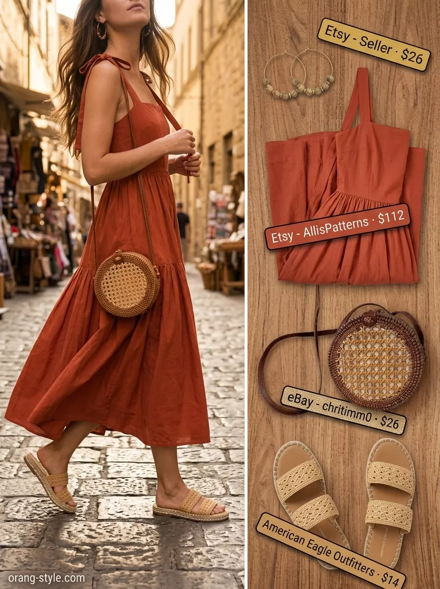 Simple casual summer outfits for women 2026: Terracotta tiered dress, straw hat, rattan bag, espadrilles.