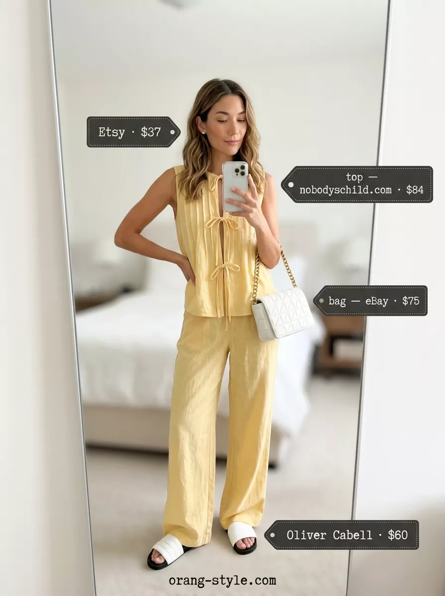 Butter yellow linen matching set with white slides for simple casual summer outfits for women 2026.