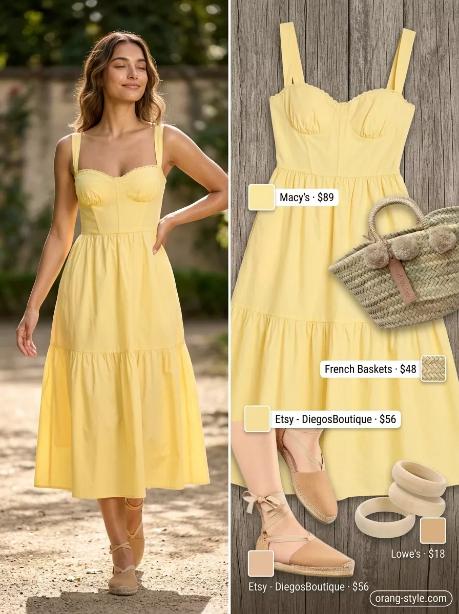 Soft yellow tiered sundress for simple casual summer outfits for women 2026 picnic.