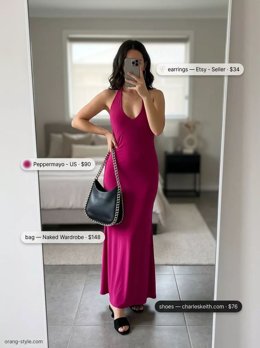 Fuchsia Maxi Dress 2026: Cocktail Party Style Bold fuchsia halter maxi dress for cocktail parties. Style with silver earrings, black bag, and black block heels.