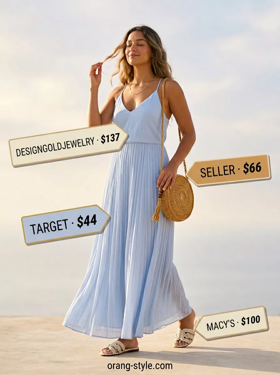 Coastal Brunch Maxi Dress 2026 Sky blue flowy maxi dress for beach brunches. Pair with tan crossbody bag, gold necklace, and woven slides.
