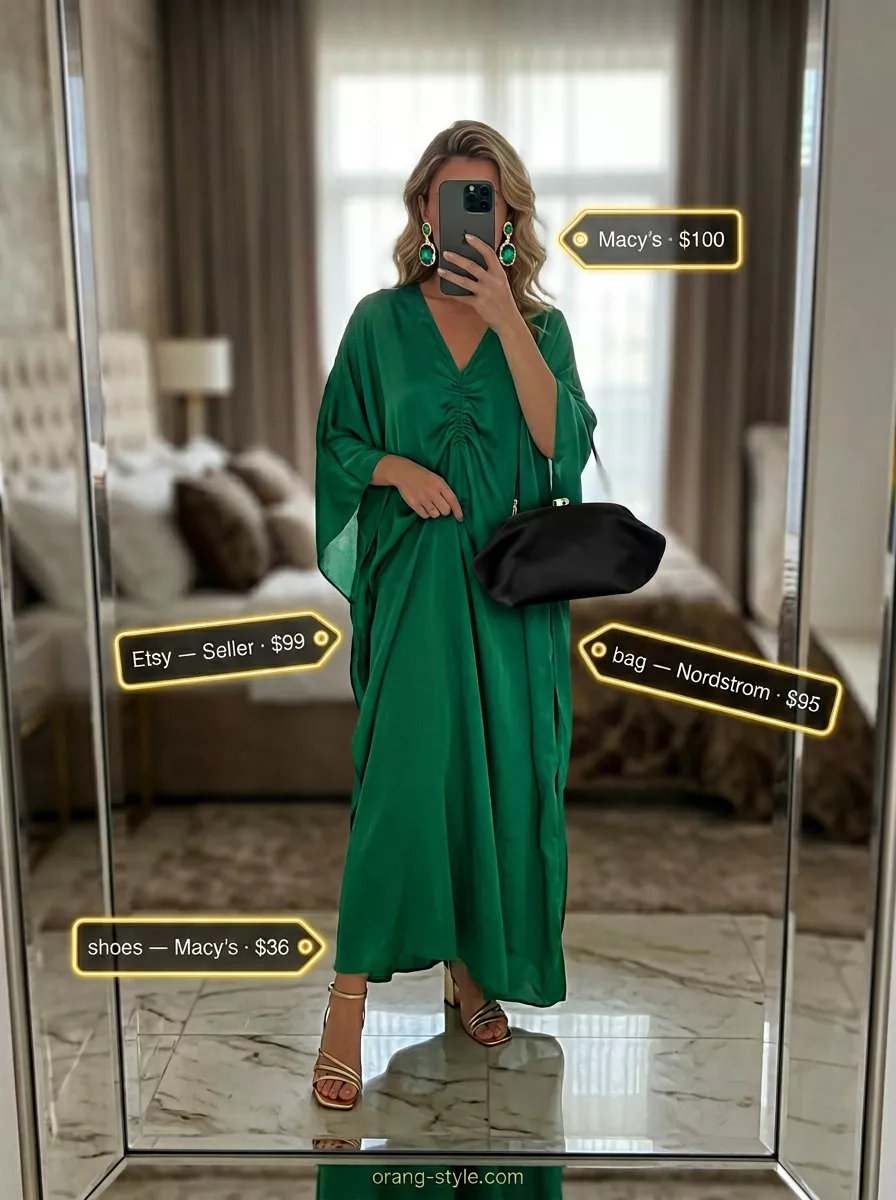 Emerald Green Maxi Dress 2026: Resort Dinner Chic Emerald green silk blend caftan maxi dress for resort dinners. Solid color summer flowy maxi dresses 2026 with gold earrings and black clutch.