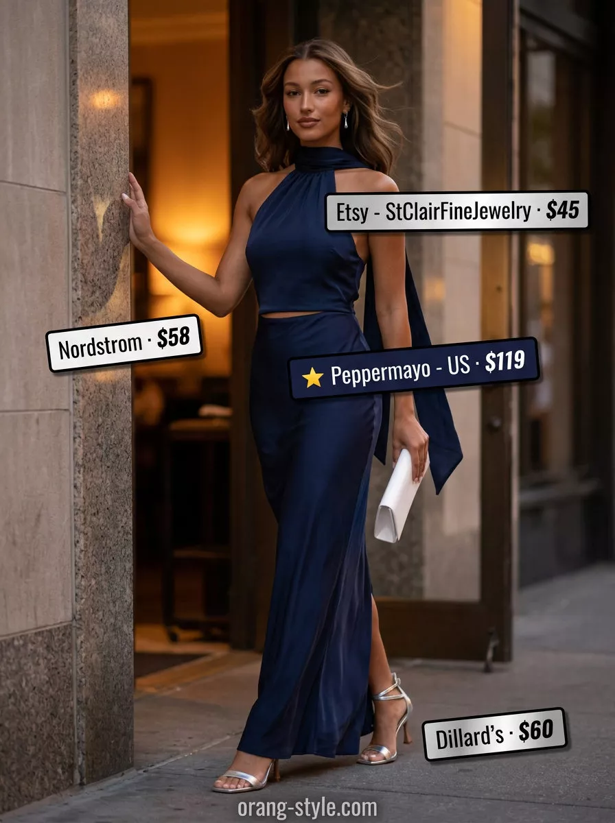 Elegant Evening Maxi Dress 2026 Navy blue flowy maxi dress for formal dinners. Style with silver earrings, white clutch, and metallic heels.