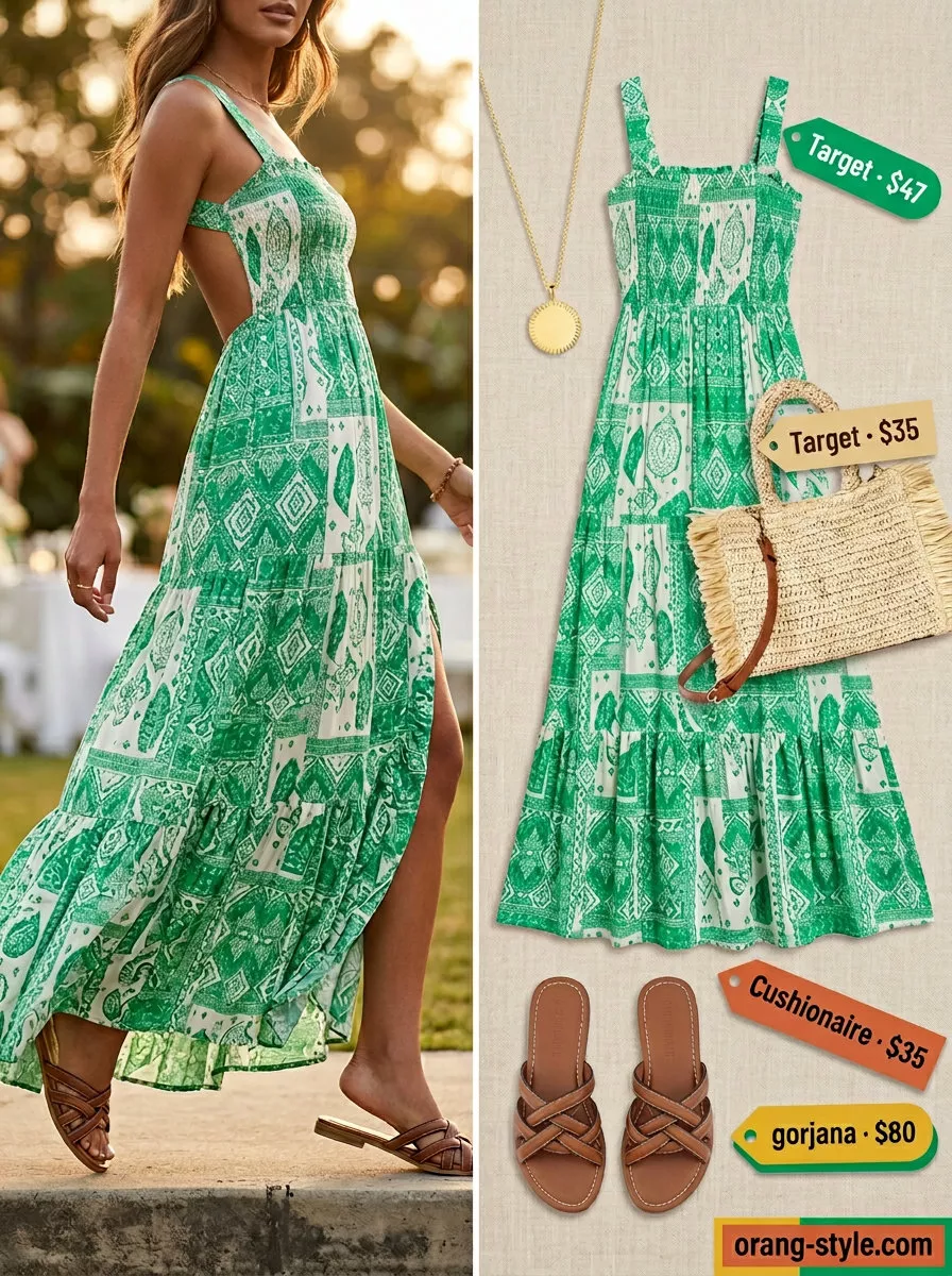 Olive Green Maxi Dress 2026: Bohemian Festival Style Olive green crinkle cotton tiered maxi dress for festivals. Solid color summer flowy maxi dresses 2026 with leather slides and gold necklace.