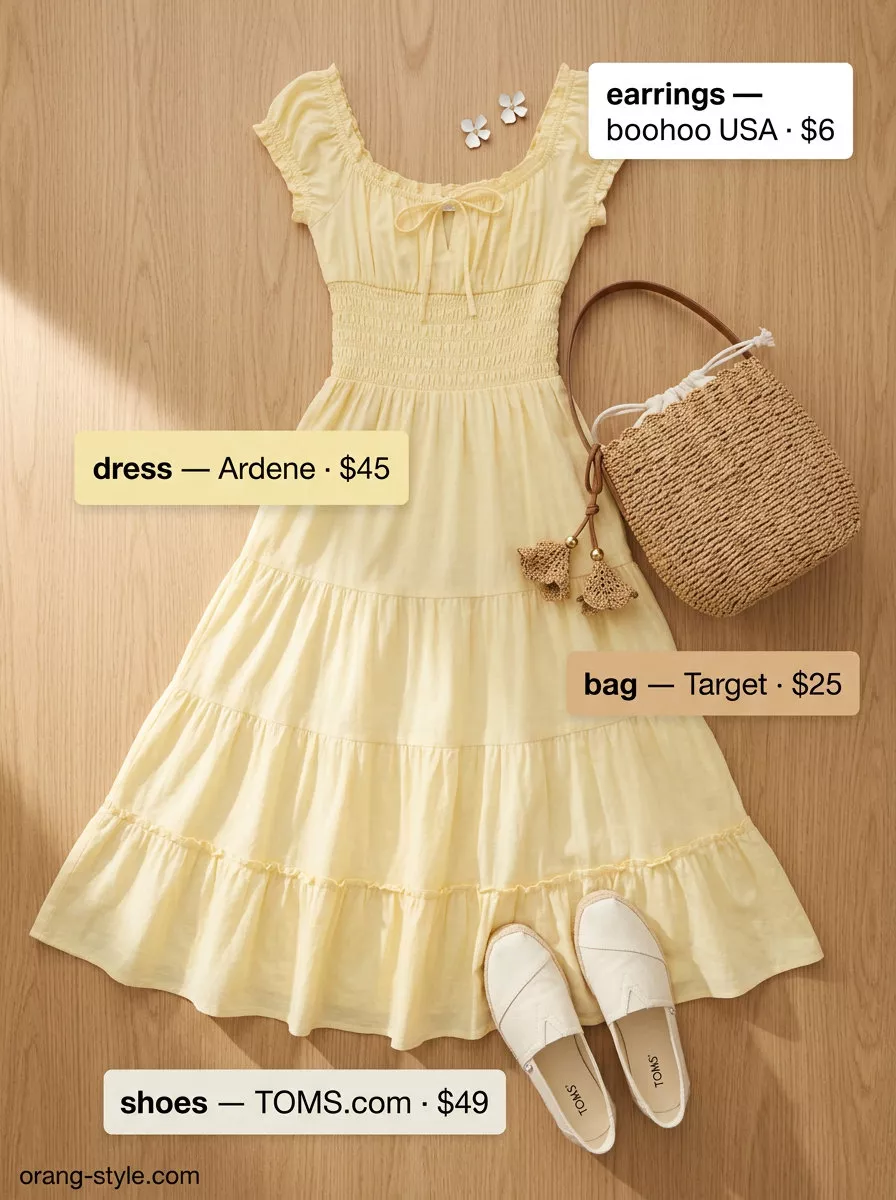 Sunny Picnic Maxi Dress 2026 Sunny yellow flowy babydoll maxi dress for picnics. Add raffia bag, white enamel earrings, and espadrille flats.