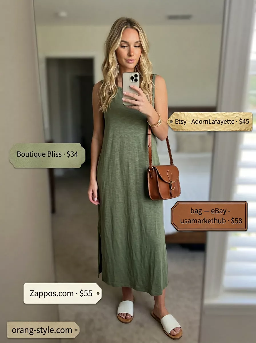 Effortless Dinner Maxi Dress 2026 Olive green flowy maxi dress for casual dinners. Pair with cream slides, cognac bag, and gold bangle.