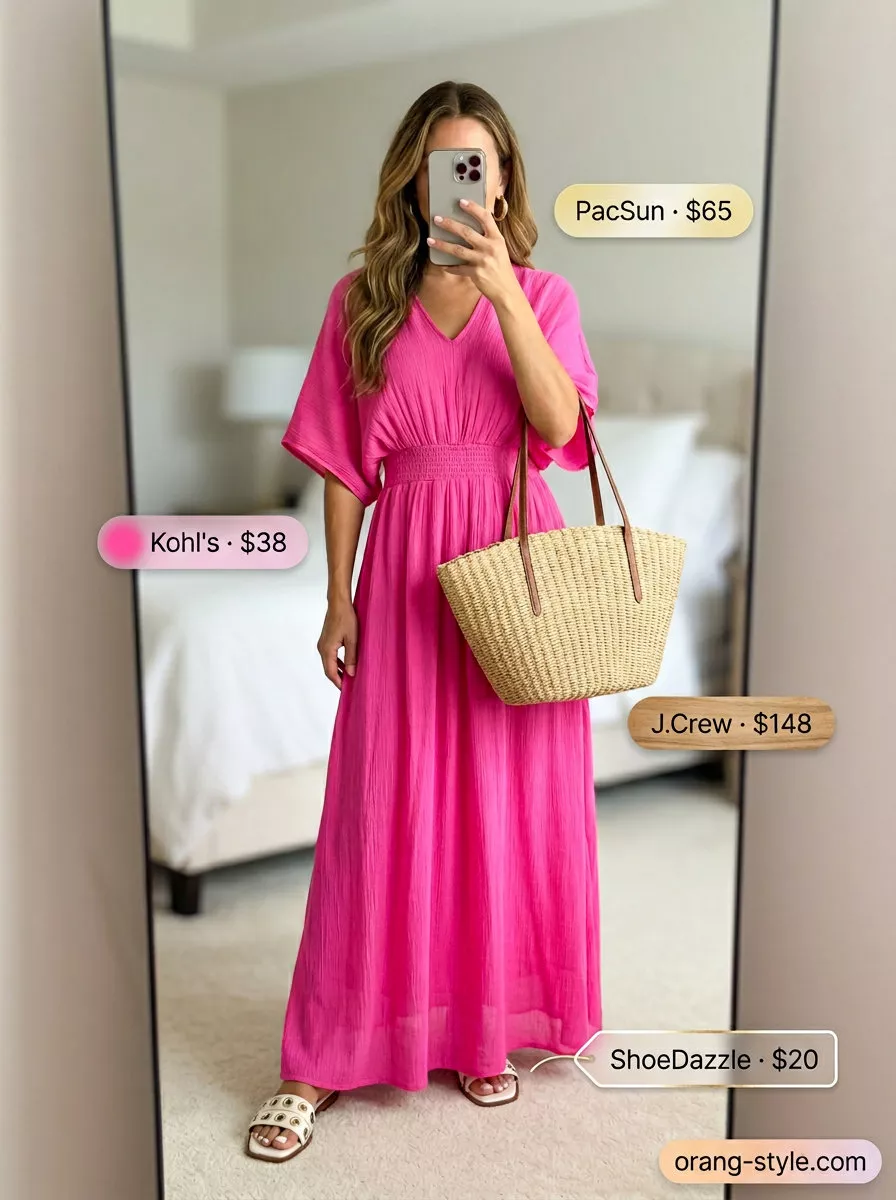 Hot pink flowy maxi dress for tropical vacations. Style with straw bag, gold hoops, and white slides.