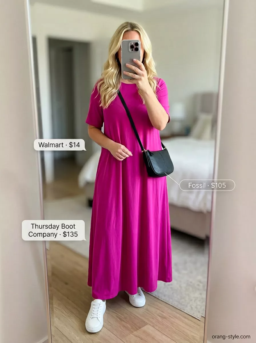 Urban Minimalist Maxi Dress 2026 Charcoal grey flowy maxi dress for city strolls. Style with black bag, silver hoops, and white sneakers.