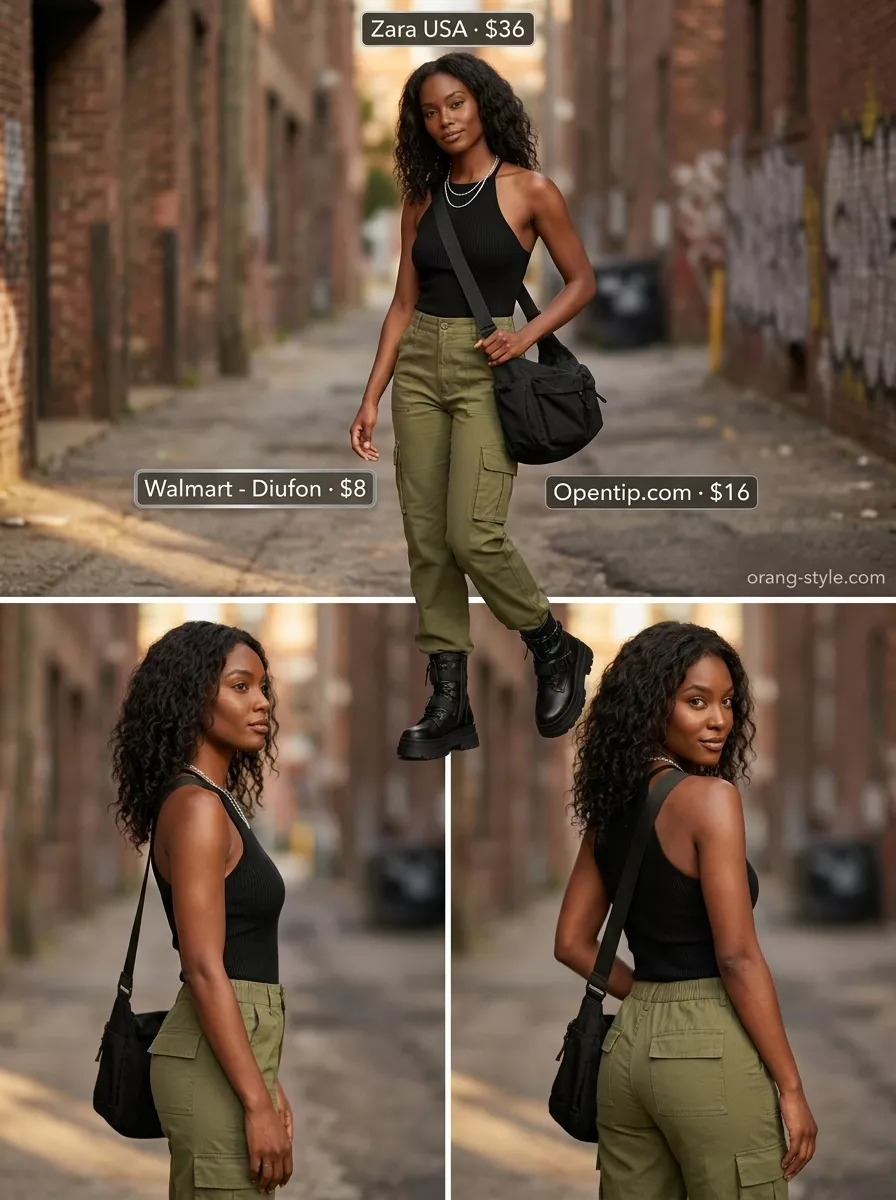 Stylish Summer Outfits for Black Woman 2026: Festival Pants Stylish summer outfits for black woman 2026: Cargo pants, halter top, and combat boots for a festival.