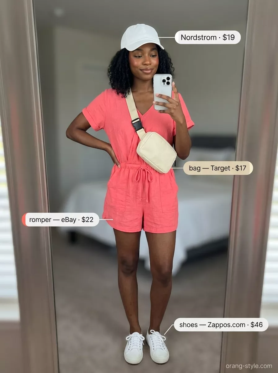 Stylish Summer Outfits for Black Woman 2026: Picnic Romper Stylish summer outfits for black woman 2026: Coral romper, white cap, and canvas sneakers for a picnic.