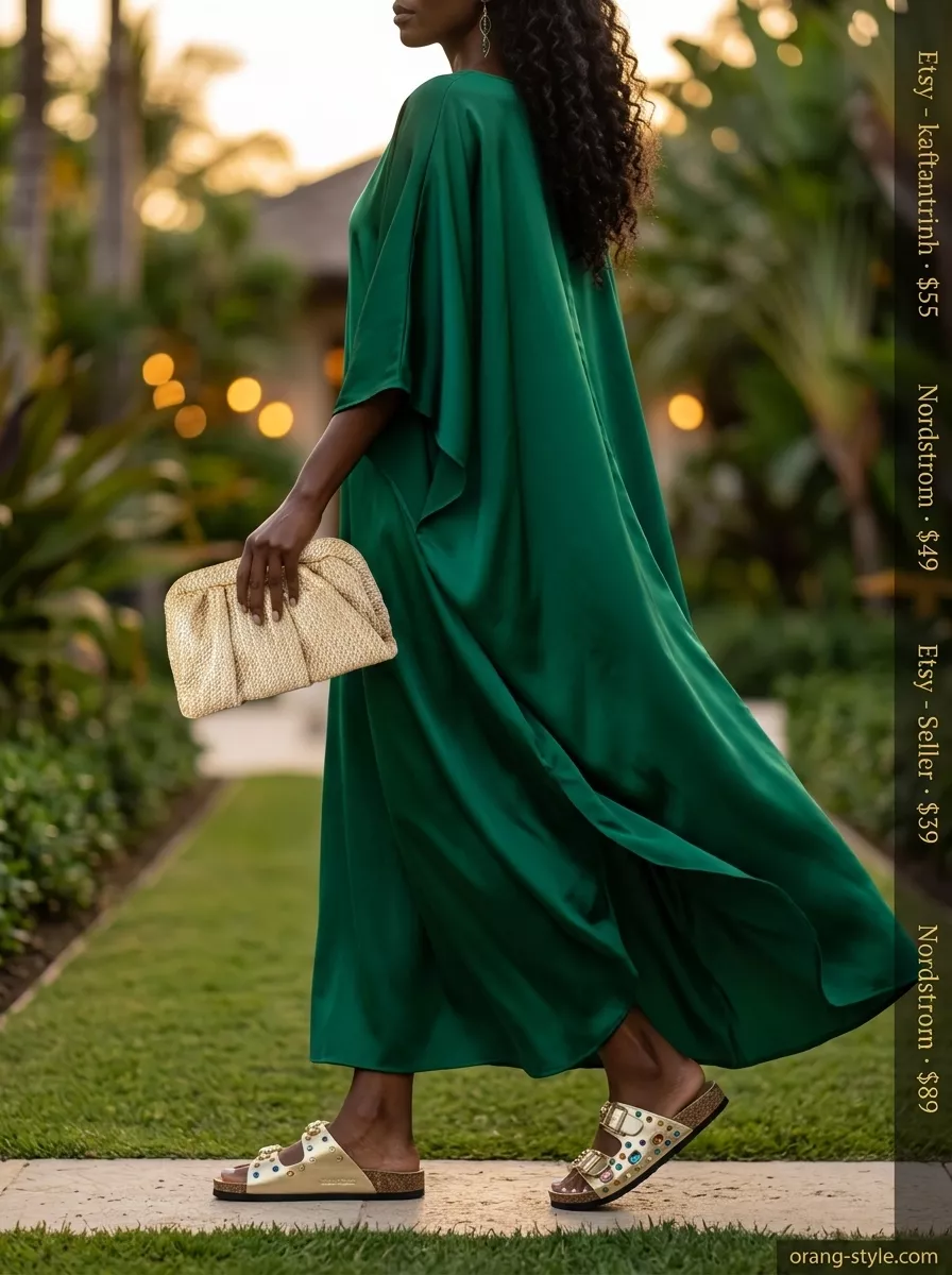 Emerald Green Caftan Dress 2026 Stylish summer outfits for black woman 2026: Emerald green caftan dress with gold accessories for a resort vacation.