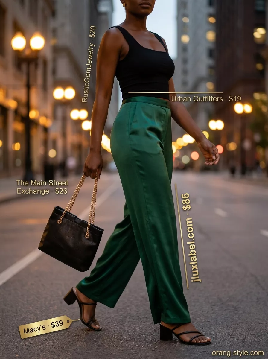 Emerald Green Pants 2026 | Evening Event Style Stylish summer outfits for black woman 2026: Emerald green wide-leg pants with black knit top & block heels.