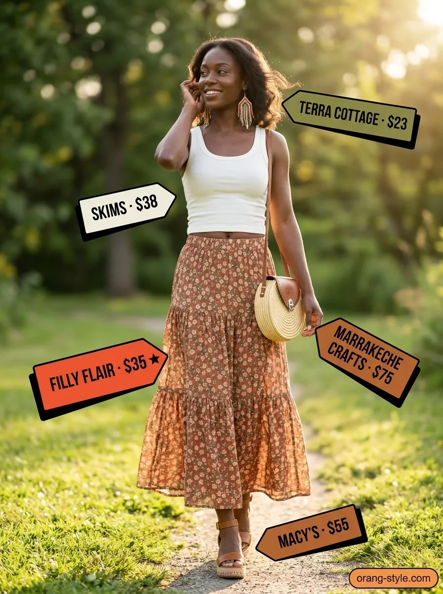 Floral Maxi Skirt 2026 | Garden Party Style Stylish summer outfits for black woman 2026: Floral maxi skirt, ivory tank, cognac sandals & straw bag.