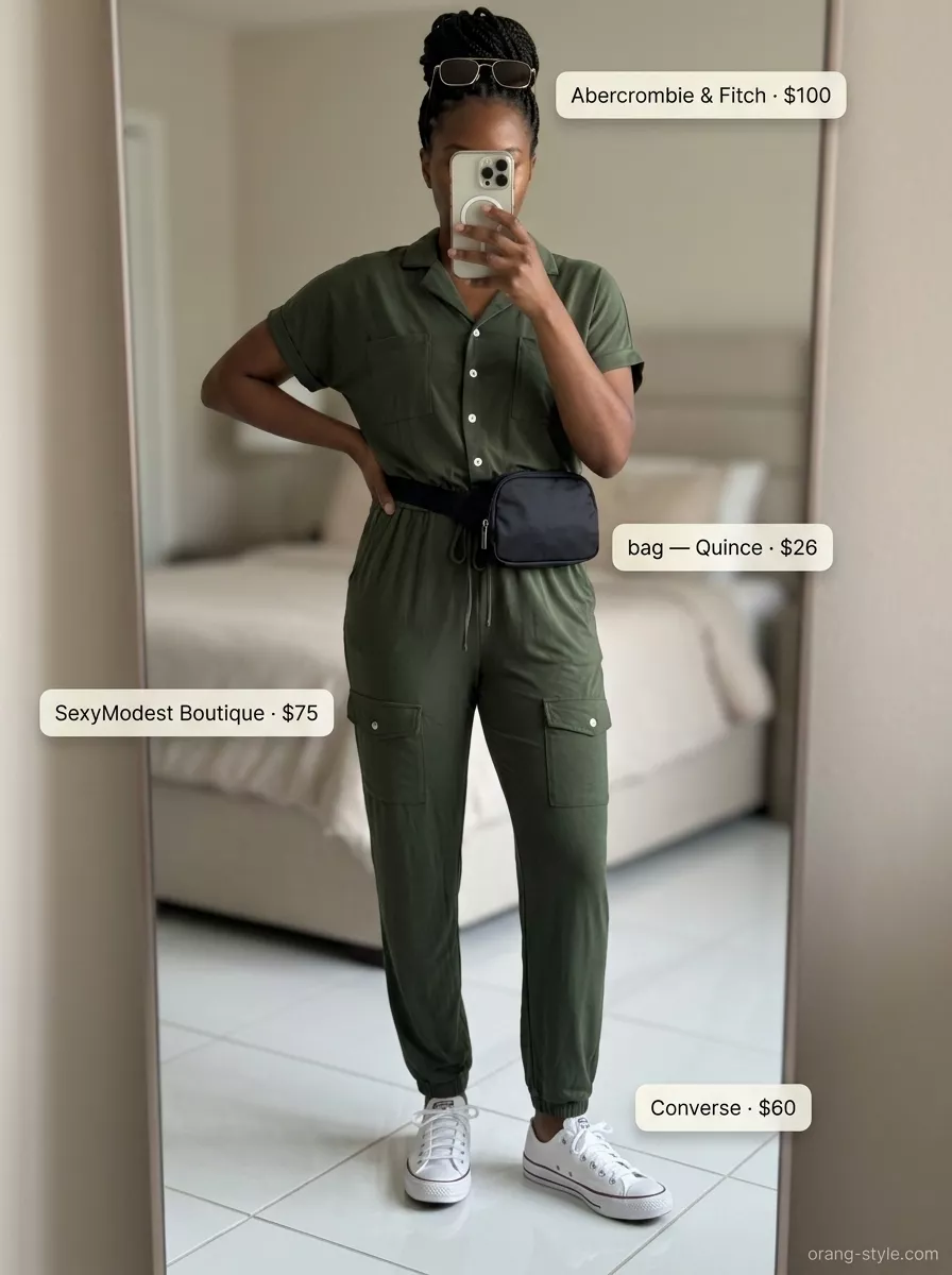 Khaki Utility Jumpsuit 2026 Stylish summer outfits for black woman 2026: Khaki utility jumpsuit with sneakers and belt bag for urban exploration.