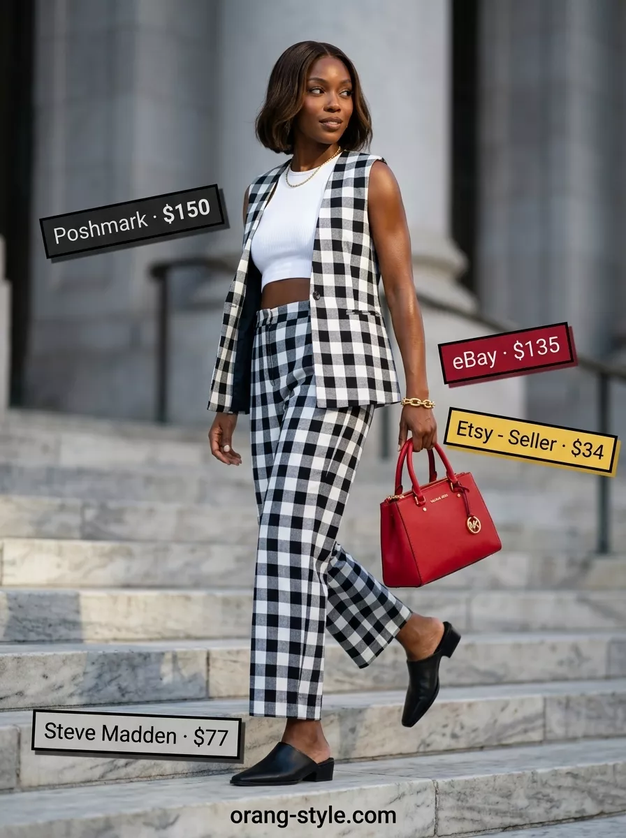 Monochrome Matching Set 2026 | City Brunch Style Stylish summer outfits for black woman 2026: Black & white check matching set with red bag & black mules.
