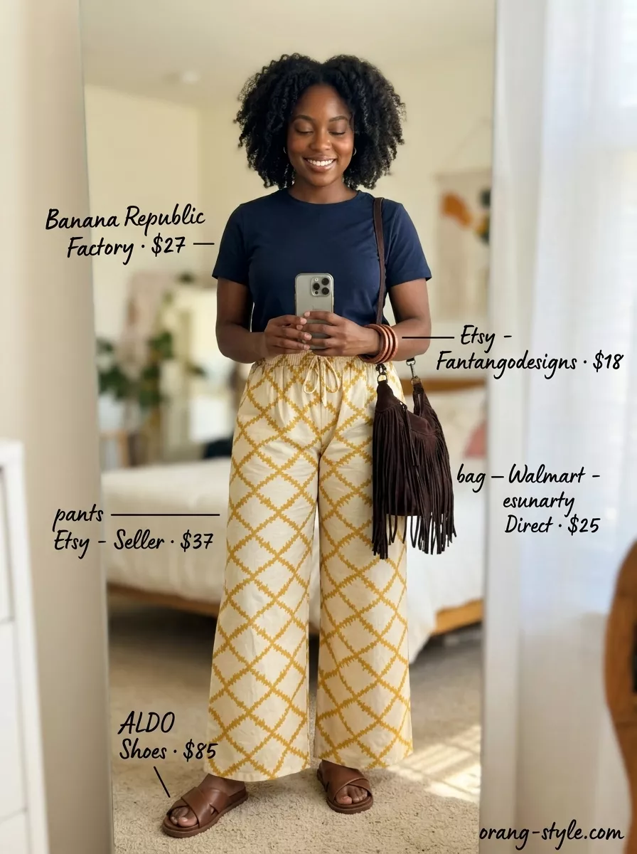 Wide-Leg Pants 2026 | Art Gallery Style Stylish summer outfits for black woman 2026: Mustard yellow wide-leg pants, navy tee & brown hobo bag.