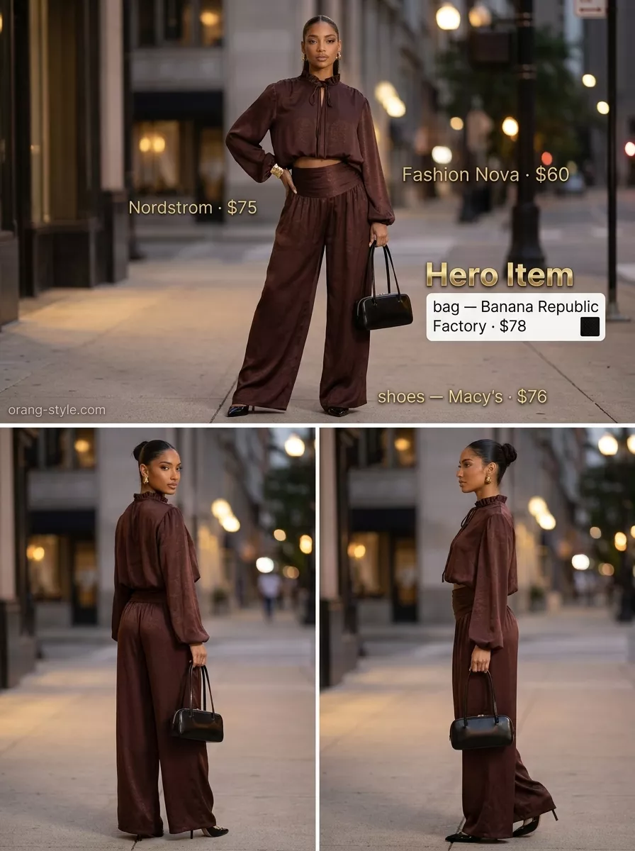 Stylish Summer Outfits for Black Woman 2026: Luxe Evening Set Stylish summer outfits for black woman 2026: Chocolate brown satin set, gold cuff, and black heels for a glam evening.