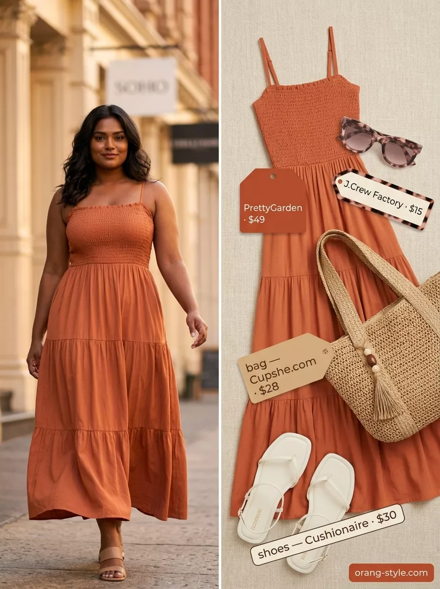 Stylish summer outfits for black woman 2026: Terracotta maxi dress, straw tote, and slide sandals for a brunch.