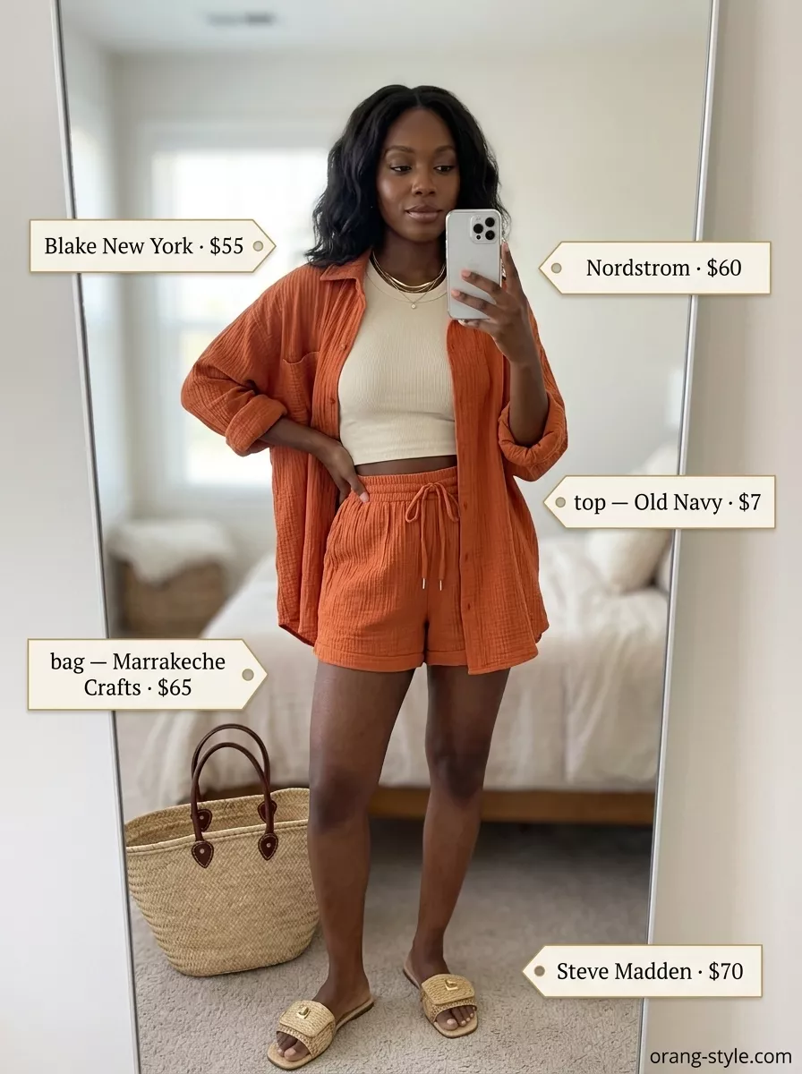 Stylish Summer Outfits for Black Woman 2026: Linen Set Stylish summer outfits for black woman 2026: Terracotta linen set, ribbed tank, and raffia slides for city strolling.
