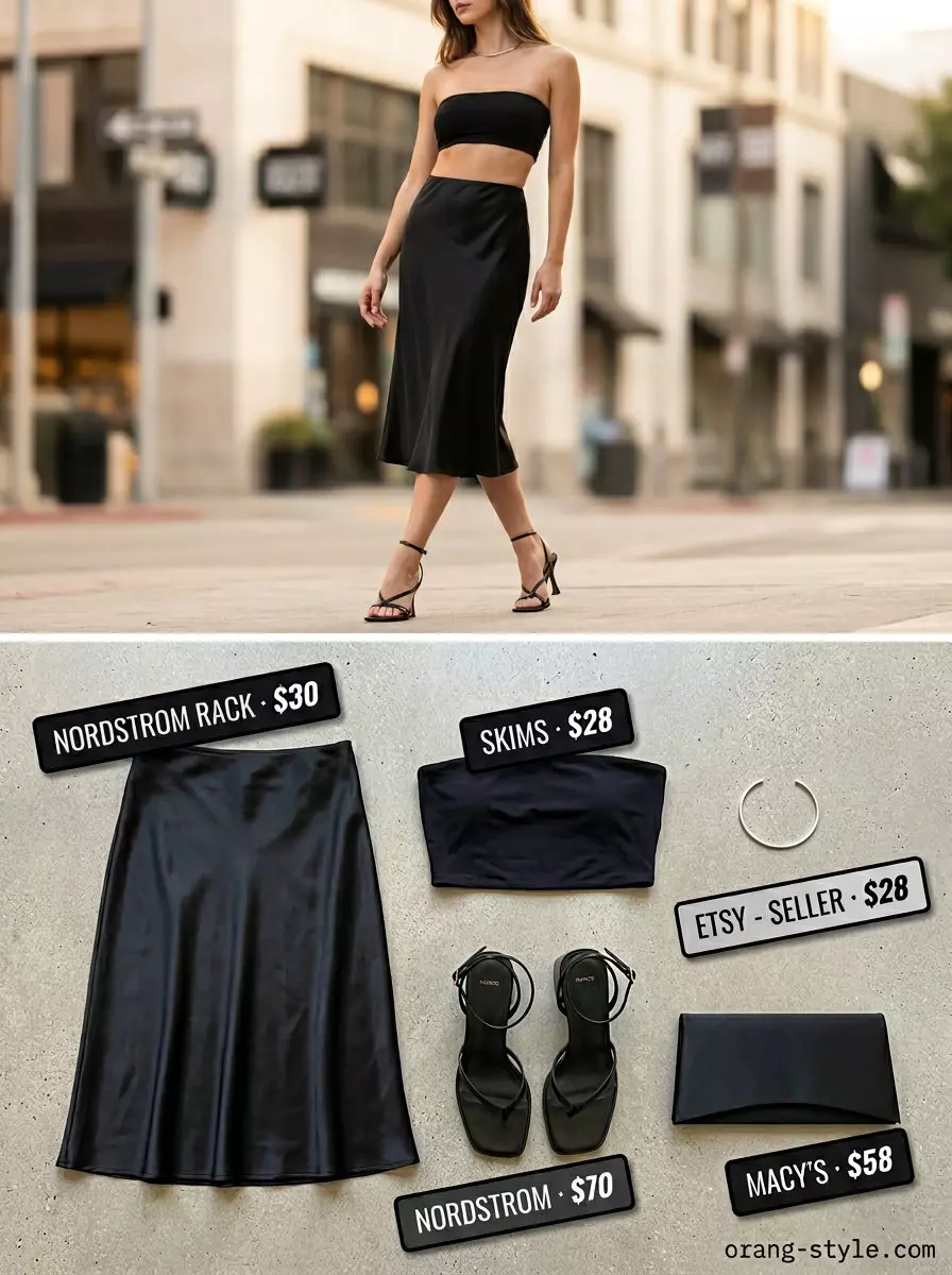 Chic black bandeau top with satin midi skirt for women 2026. Sophisticated evening and cocktail outfit.
