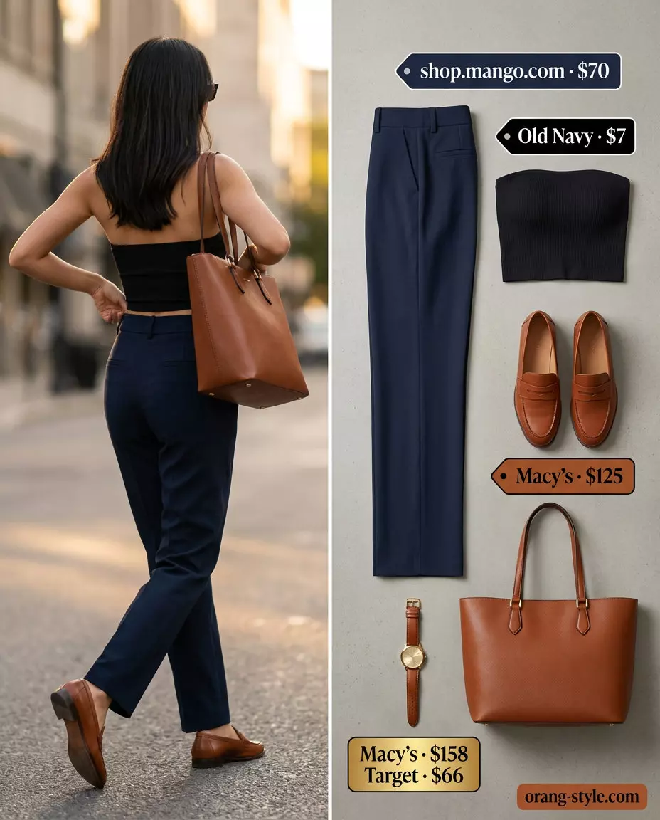 Chic city outfit with a black bandeau top and navy trousers for women 2026. Smart casual and business casual.