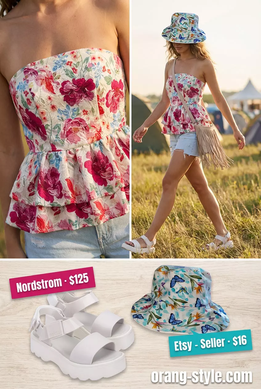 Playful multi-color floral bandeau top with denim shorts for women 2026, perfect for summer festivals.