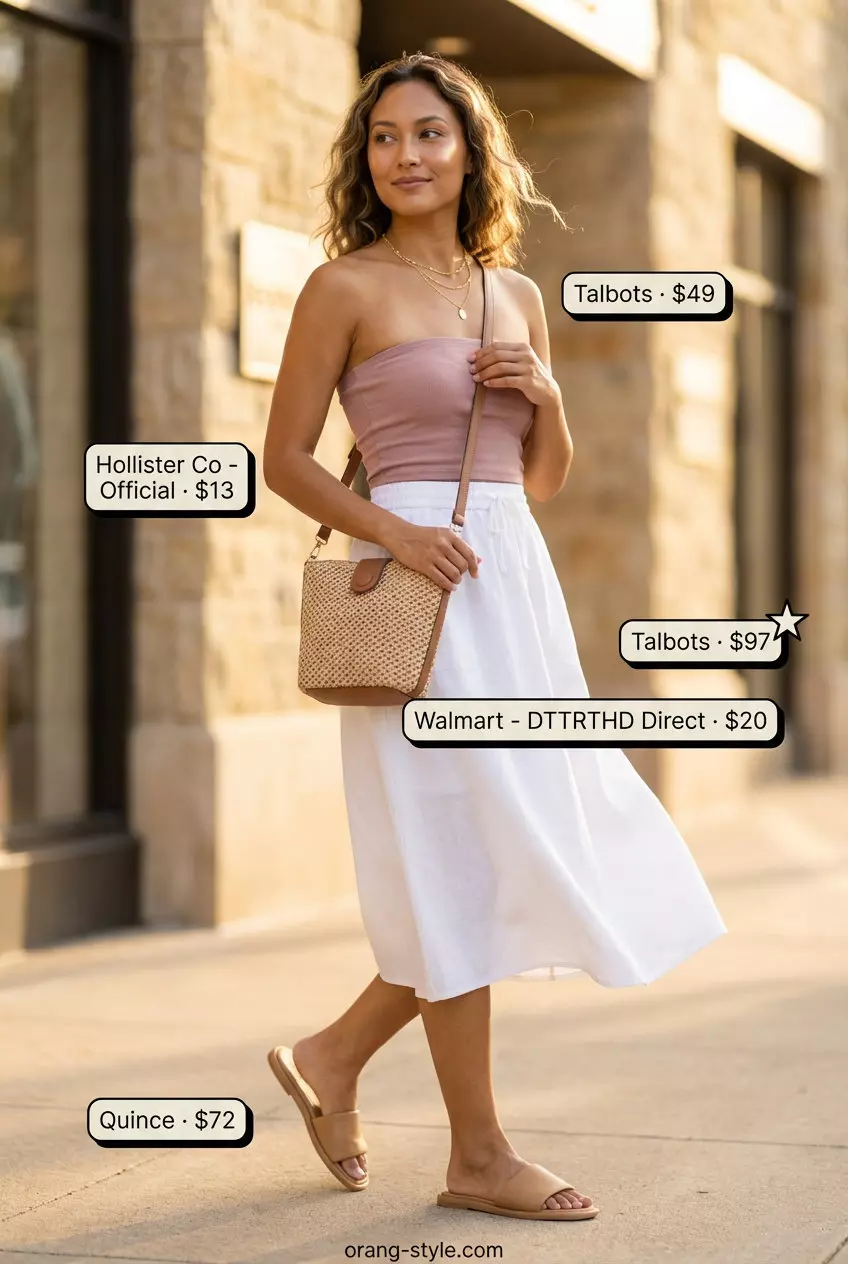 Effortless blush pink knit bandeau top with white linen midi skirt for women 2026. Casual day out style.