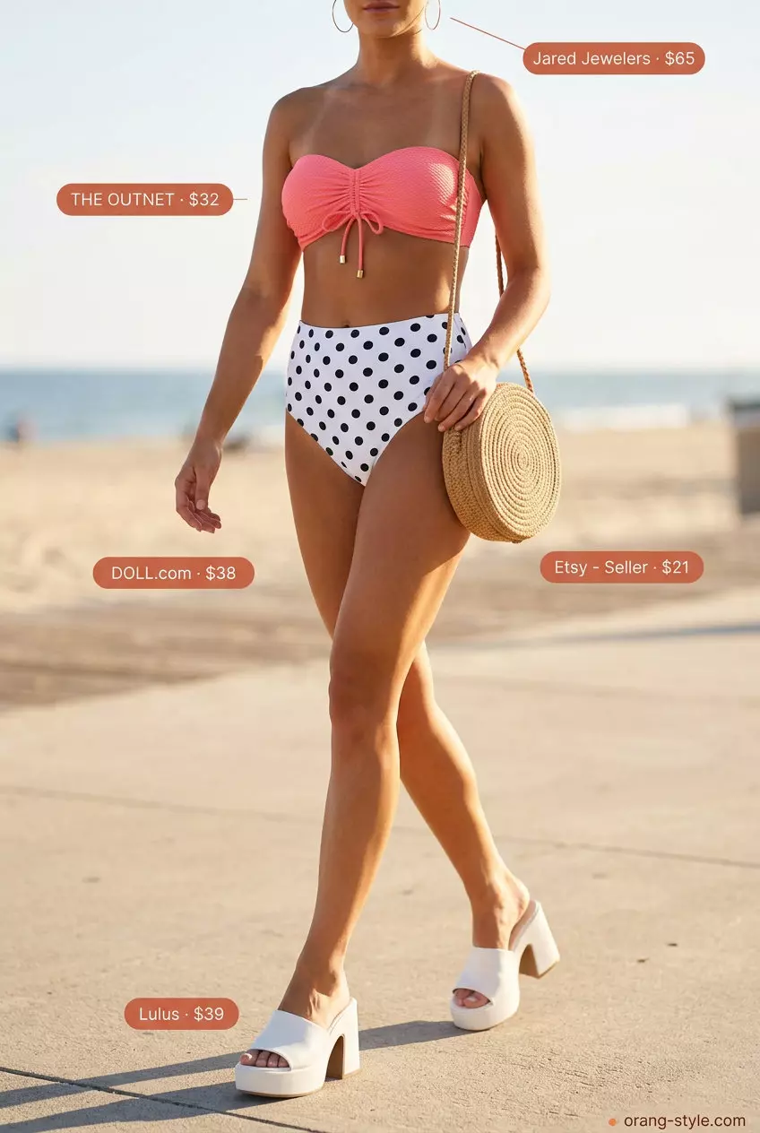 Retro coral pink bandeau bikini top with high-waisted bottoms for women 2026, perfect for beach days.